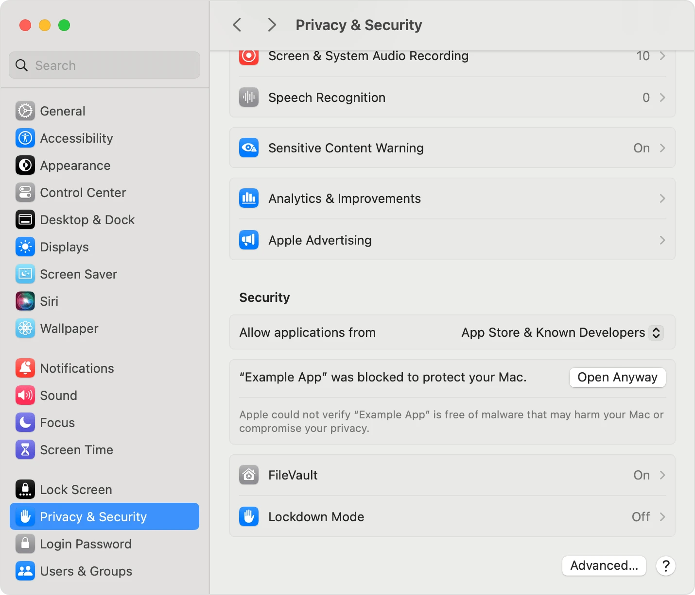 Apple’s Privacy and Security example showing the blocked app name and Open Anyway.