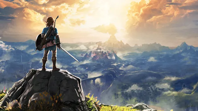 Nintendo Breath of the Wild artwork: Link overlooks Hyrule from a rocky summit.
