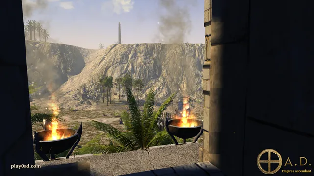 Ancient buildings and a river valley in 0 A.D.’s official screenshot gallery.