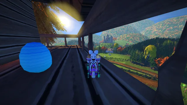Kiki beside a collectible egg on a Black Forest balcony in SuperTuxKart 1.5.