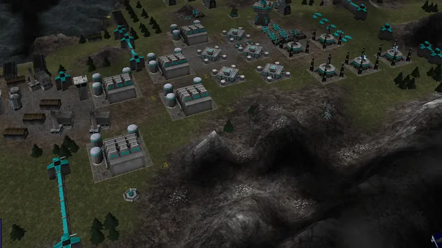 A constructed base and vehicles in Warzone 2100’s official gameplay image.