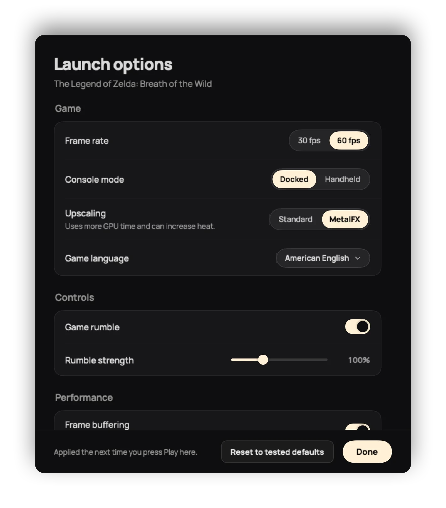 Actual frame-rate selector offers 30 fps and 60 fps, with 60 selected.
