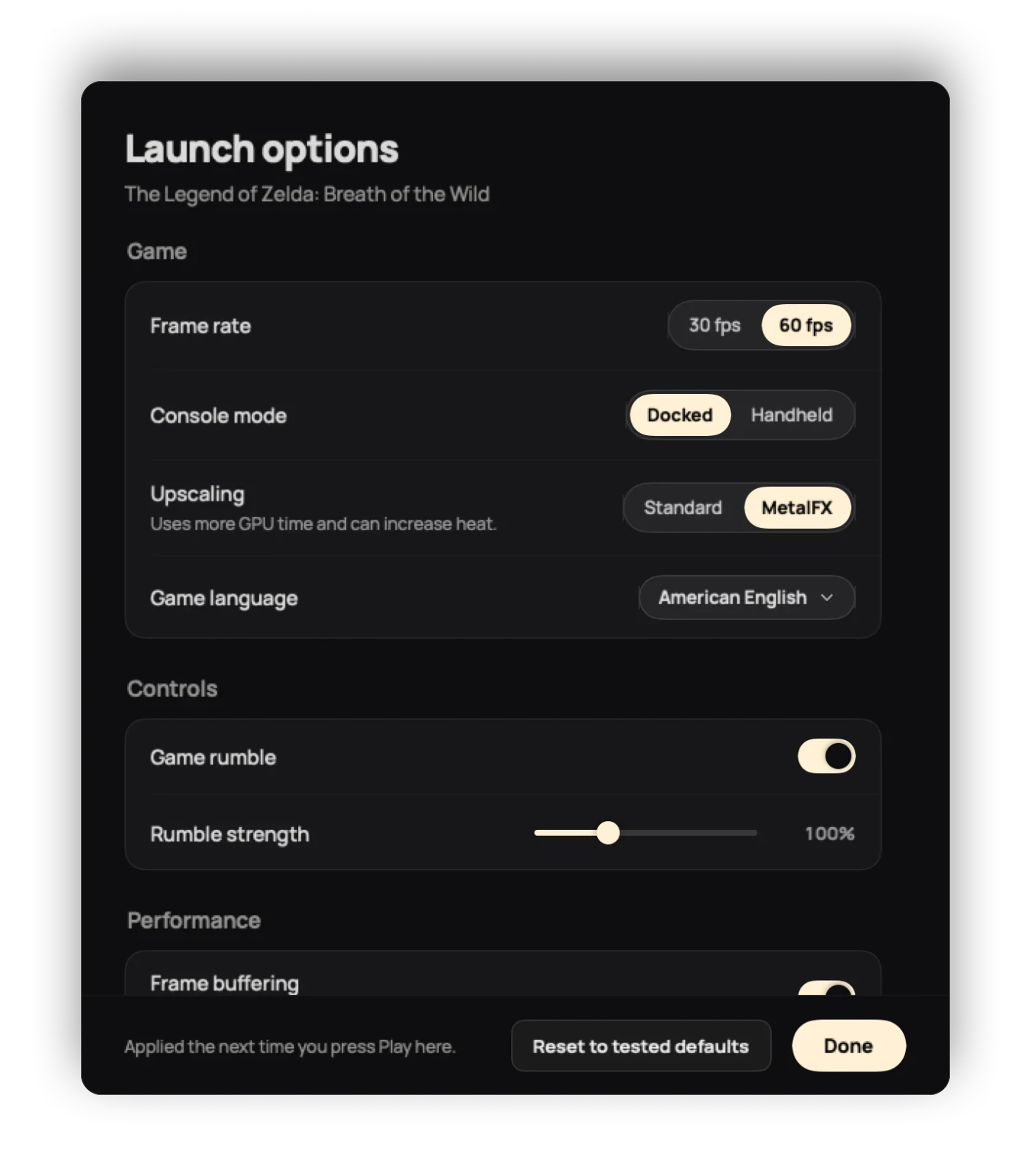 Complete English NX2Apple launch-options window for Breath of the Wild.