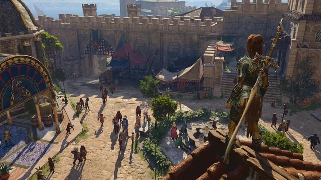 A crowded fantasy town courtyard in Baldur’s Gate 3.