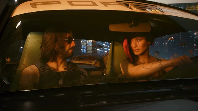 Two characters in a police car in Cyberpunk 2077’s Steam gallery.