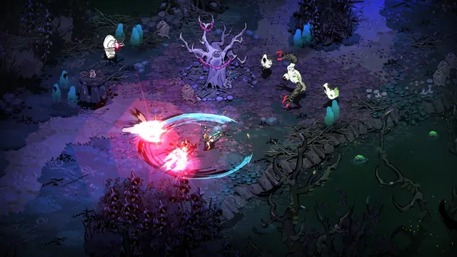 Melinoë fighting enemies with a bright magical attack in Hades II.