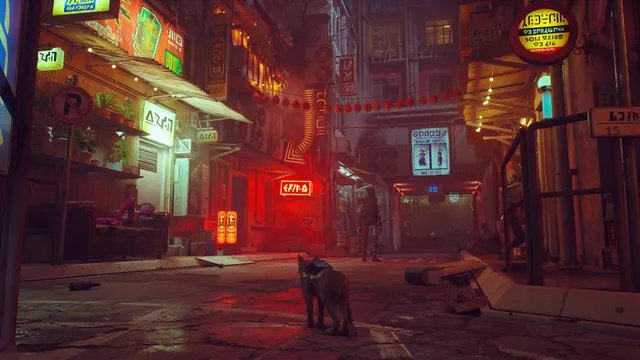 A small cat looking down a neon-lit city street in Stray.