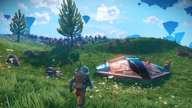 An explorer and spaceship on a colorful planet in No Man’s Sky.