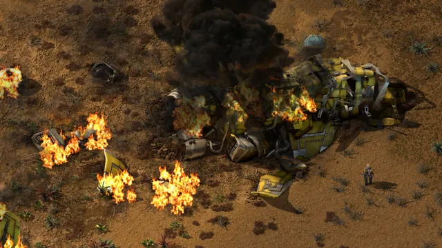An industrial machine and damaged terrain from Factorio’s Steam gallery.